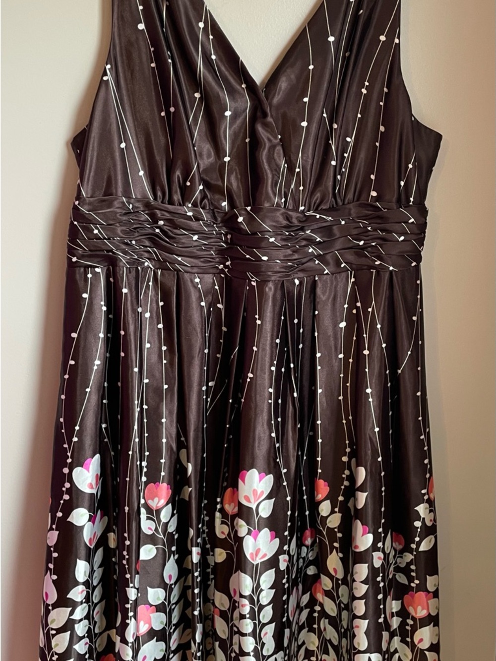 dressbarn Brown Satin Dress with Subtle Cream Accents